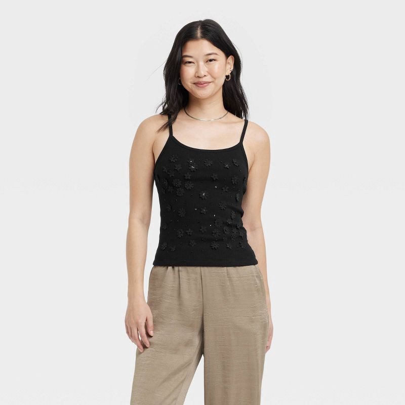 slide 1 of 3, Women's Embellished Tank Top - A New Day™ Black XL: Cotton Modal Blend, Sequin Flower Beading, Scoopneck, 1 ct