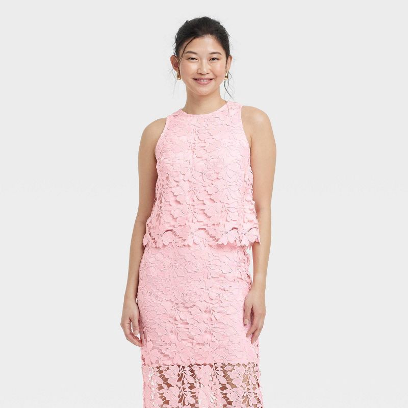slide 1 of 3, Women's Lace Shirt - A New Day™ Pink XL: Sleeveless Crew Neck Pullover Blouse, 1 ct