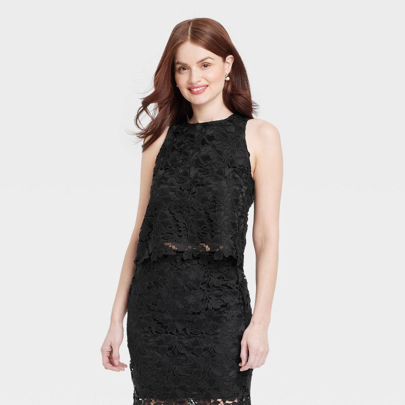 slide 1 of 3, Women's Lace Shirt - A New Day™ Black L: Recycled Polyester, Sleeveless Pullover, Crew Neck Blouse, 1 ct