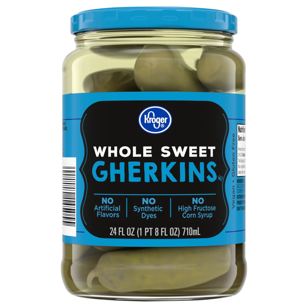 slide 1 of 1, Kroger® Whole Sweet Gherkins, 24 fl oz