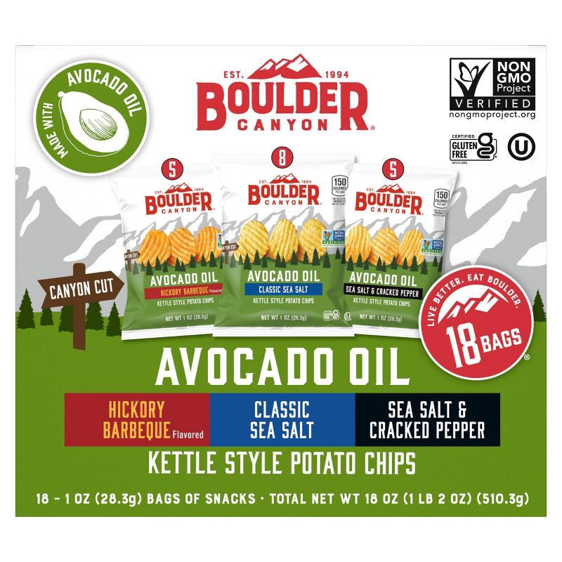 slide 1 of 16, Boulder Canyon Kettle Style Potato Chips Variety Pack - 18oz/18ct, 18 oz; 18 ct