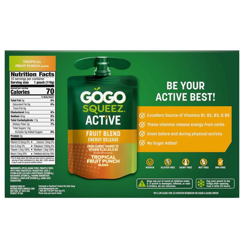 slide 2 of 9, GoGo SqueeZ Active Energy No Sugar Added Tropical Fruit Blend Pouches - 3.9oz/10ct, 3.9 oz, 10 ct