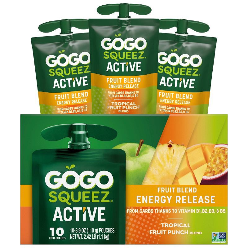 slide 9 of 9, GoGo SqueeZ Active Energy No Sugar Added Tropical Fruit Blend Pouches - 3.9oz/10ct, 3.9 oz, 10 ct