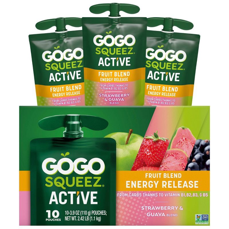 slide 10 of 10, GoGo SqueeZ Active Fruit Blend Energy Release, Strawberry & Guava Punches - 39oz/10ct, 39 oz, 10 ct