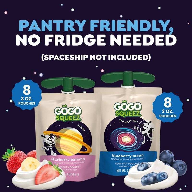 slide 3 of 5, GoGo SqueeZ yogurtZ Low Fat Yogurt Space Discovery Pack Strawberry Banana and Blueberry Moon Pouches - 3oz/16ct, 48 oz, 16 ct
