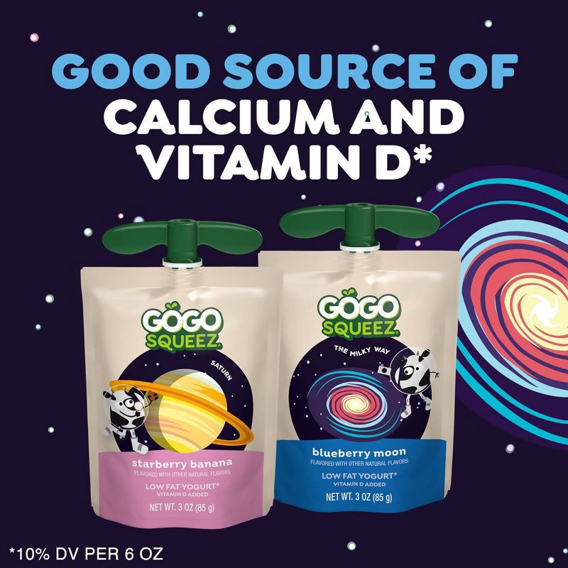 slide 5 of 5, GoGo SqueeZ yogurtZ Low Fat Yogurt Space Discovery Pack Strawberry Banana and Blueberry Moon Pouches - 3oz/16ct, 48 oz, 16 ct