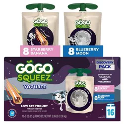 GoGo SqueeZ yogurtZ Low Fat Yogurt Space Discovery Pack Strawberry Banana and Blueberry Moon Pouches - 3oz/16ct