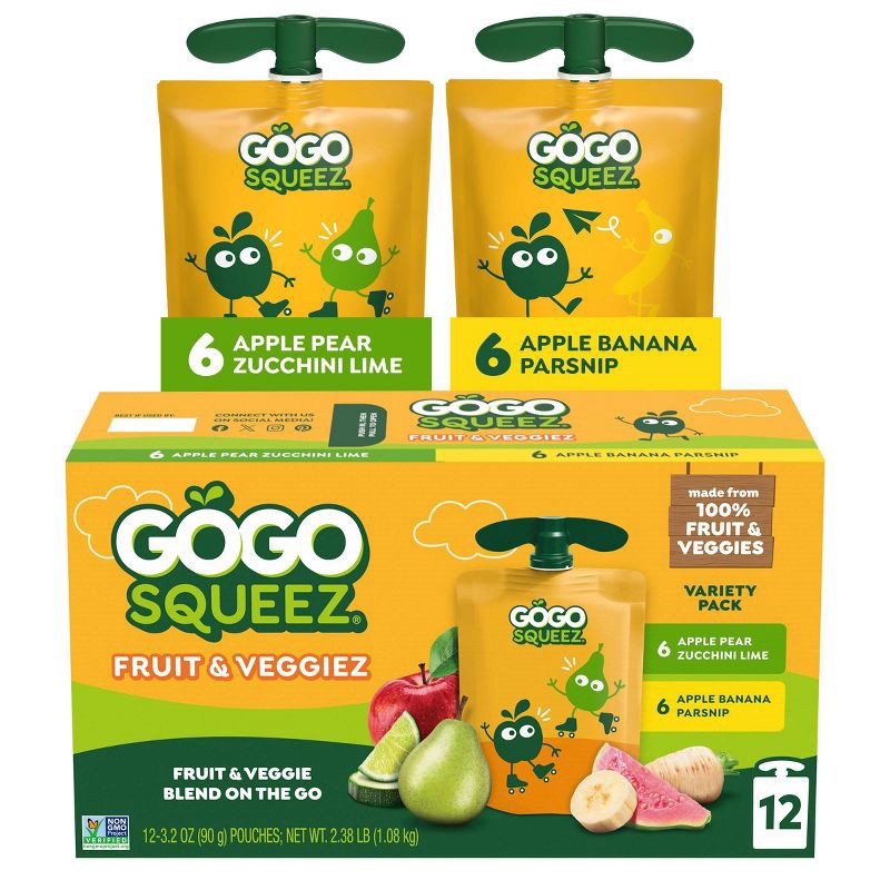 slide 1 of 7, GoGo SqueeZ Fruit & VeggieZ Applesauce and Puree Variety Pack Apple Banana Parsnip & Apple Pear Zucchini & Lime Pouches - 38.4oz/12ct, 38.4 oz, 12 ct