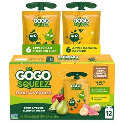 GoGo SqueeZ Fruit & VeggieZ Applesauce and Puree Variety Pack Apple Banana Parsnip & Apple Pear Zucchini & Lime Pouches - 38.4oz/12ct