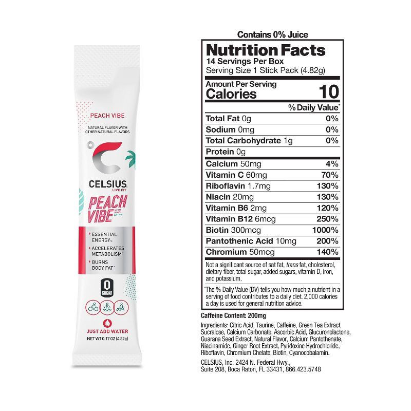 slide 3 of 6, CELSIUS On The Go Powder Sticks Peach Vibe Essential Energy - 14pk Sticks, 14 ct