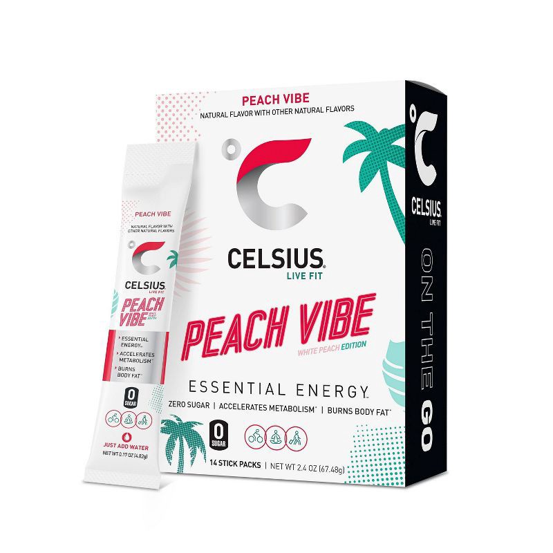slide 1 of 6, CELSIUS On The Go Powder Sticks Peach Vibe Essential Energy - 14pk Sticks, 14 ct