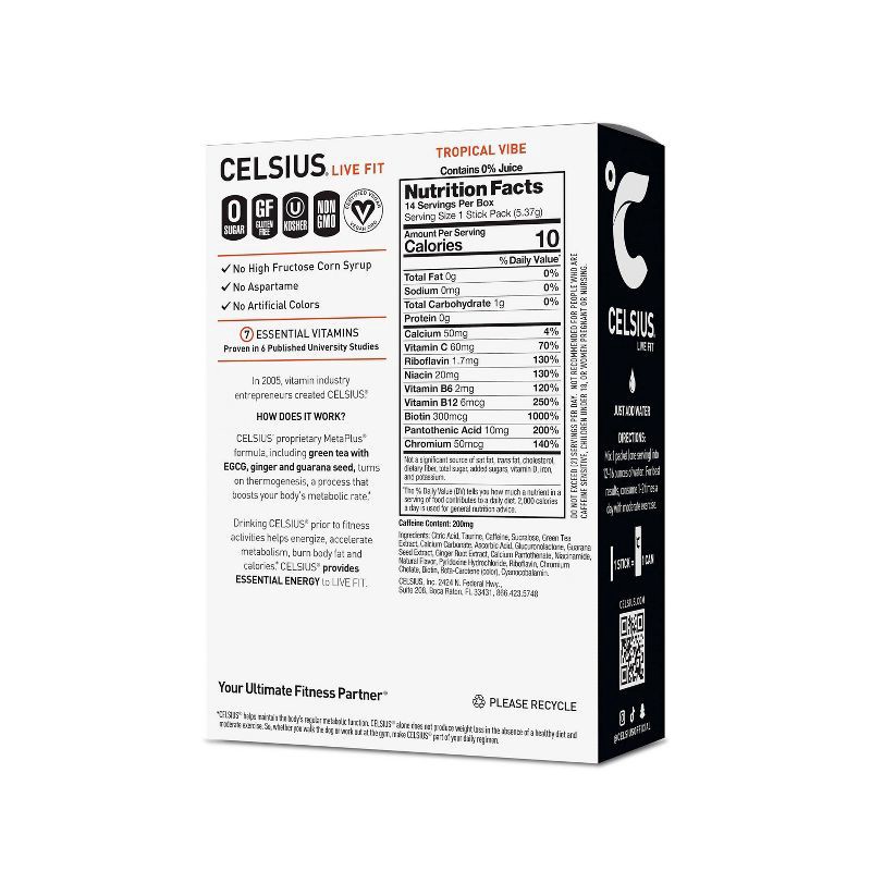 slide 2 of 6, CELSIUS On The Go Powder Sticks Tropical Vibe Essential Energy - 14pk Sticks, 14 ct