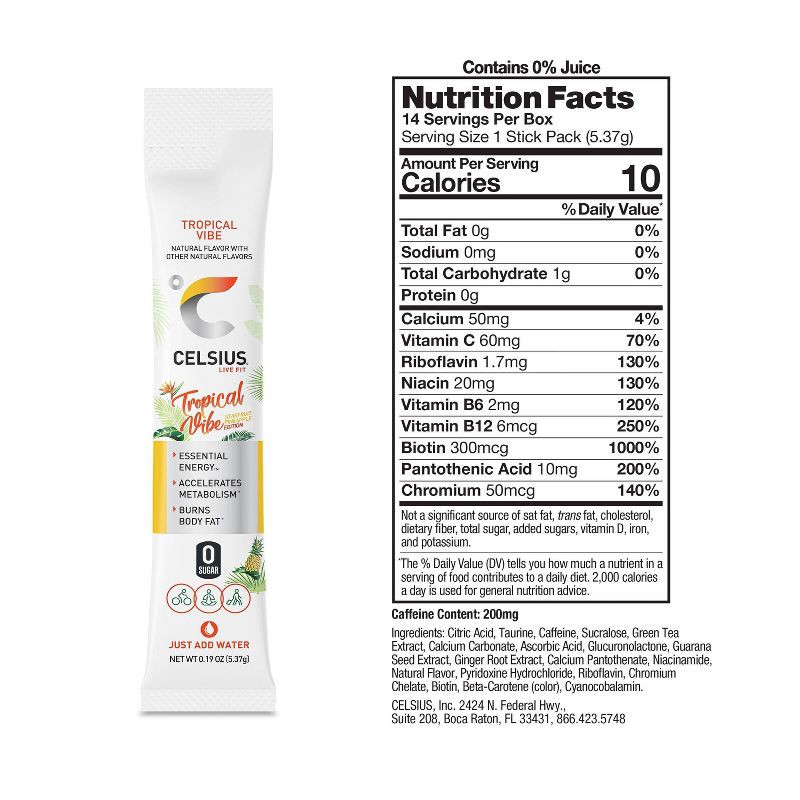 slide 3 of 6, CELSIUS On The Go Powder Sticks Tropical Vibe Essential Energy - 14pk Sticks, 14 ct