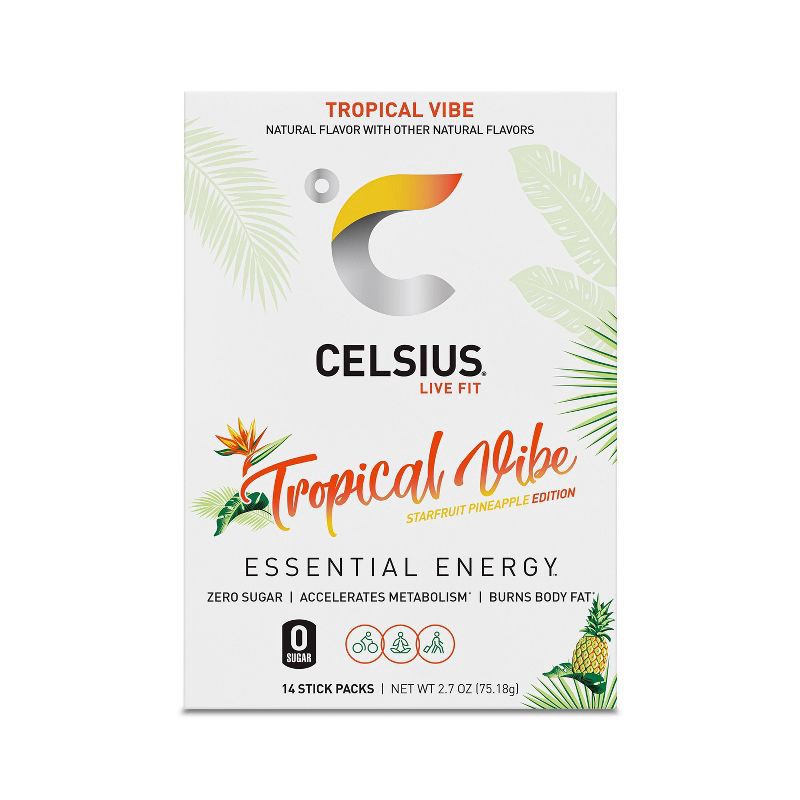 slide 5 of 6, CELSIUS On The Go Powder Sticks Tropical Vibe Essential Energy - 14pk Sticks, 14 ct