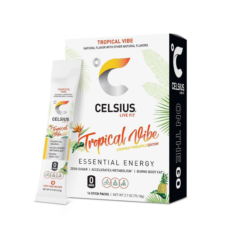 slide 1 of 6, CELSIUS On The Go Powder Sticks Tropical Vibe Essential Energy - 14pk Sticks, 14 ct