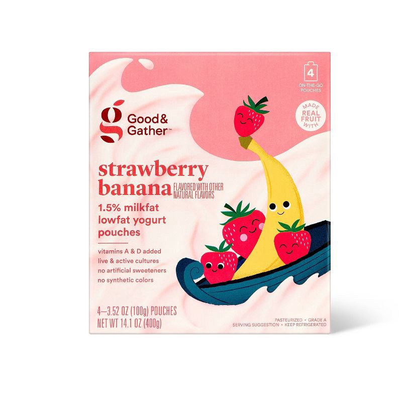 slide 1 of 5, Strawberry Banana Flavored with Other Natural Flavors Kids' Yogurt Pouches - 3.5oz/4ct - Good & Gather™, 4 ct; 3.5 oz