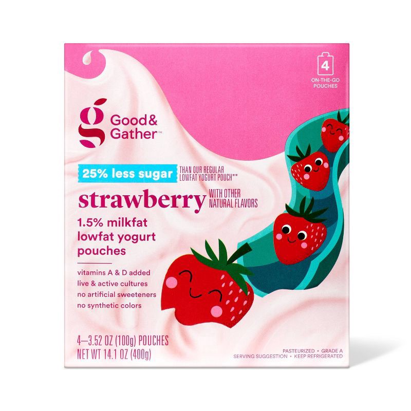 slide 1 of 5, Strawberry Lowfat Yogurt Kids' Pouches - 3.5oz/4ct - Good & Gather™, 4 ct; 3.5 oz
