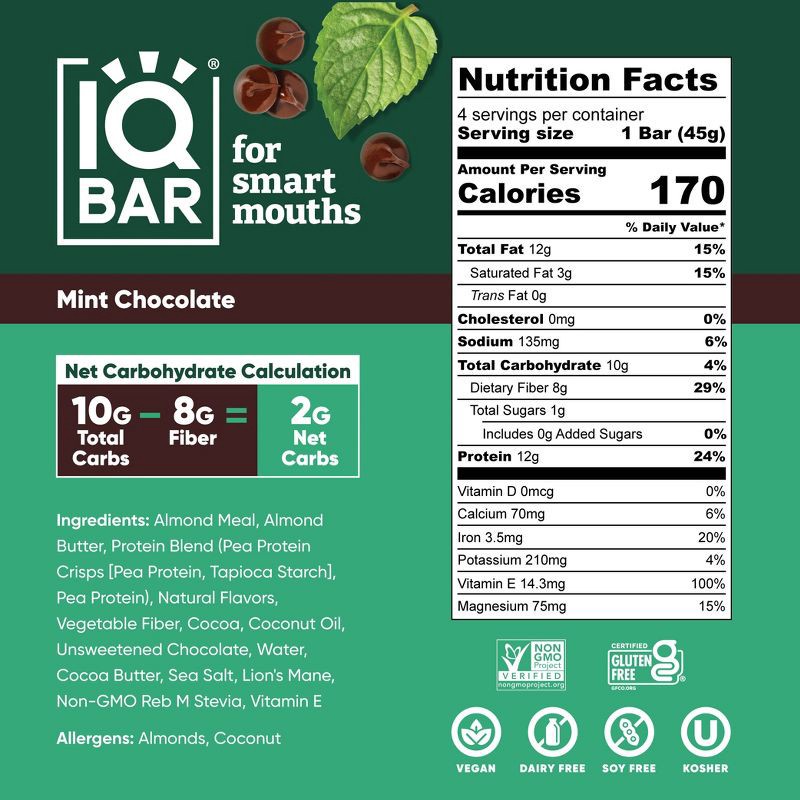 slide 2 of 6, IQBAR Mint Chocolate Protein Bars - 6.4oz/4ct, 4 ct; 6.4 oz