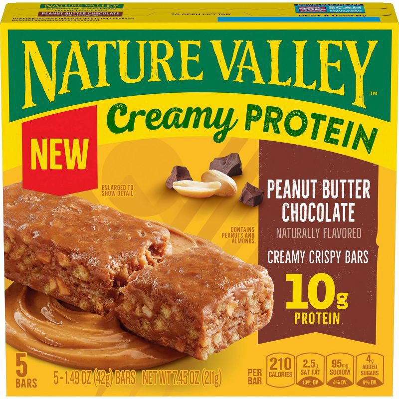 slide 2 of 8, Nature Valley Creamy Protein Peanut Butter Chocolate Creamy Crispy Bars - 5ct, 5 ct