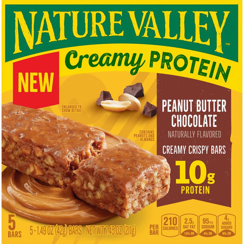slide 4 of 8, Nature Valley Creamy Protein Peanut Butter Chocolate Creamy Crispy Bars - 5ct, 5 ct