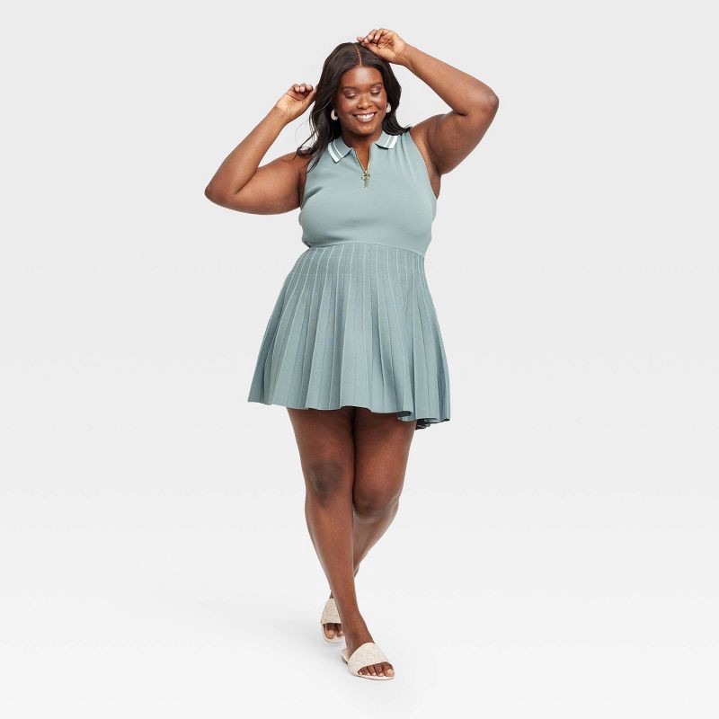 slide 3 of 3, Women's Tennis Tank Sweater Dress - A New Day™ Teal XXL: Midweight Knit, Polo Collar, Sleeveless, Pleated Back, Knee-Length, 1 ct