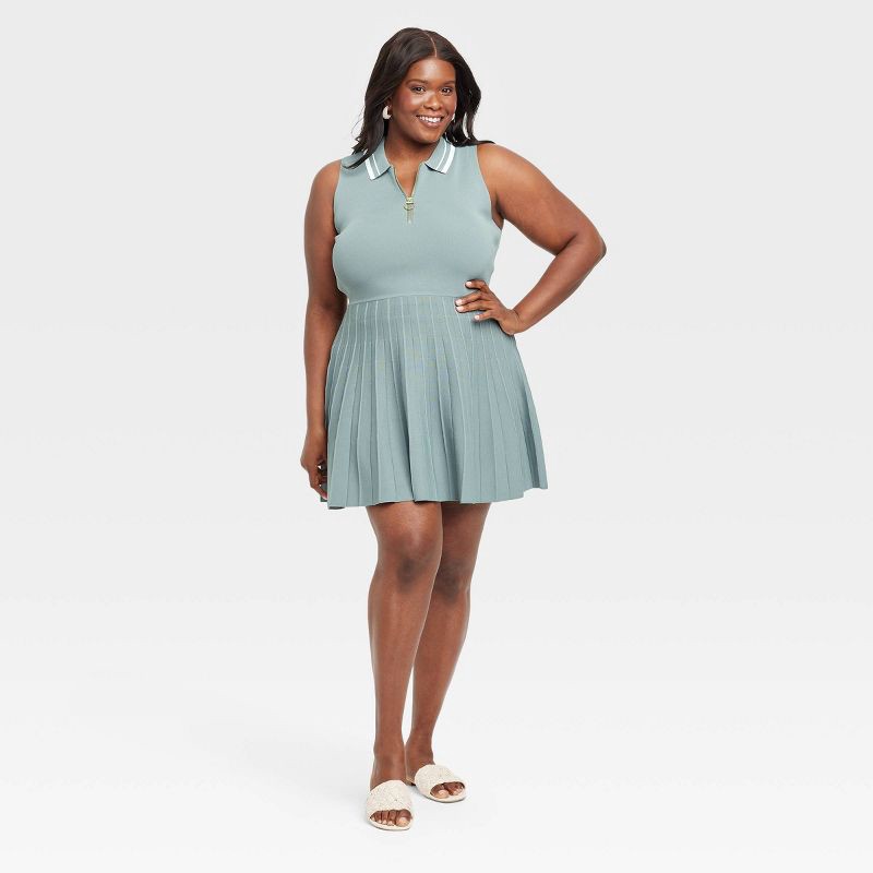 slide 1 of 3, Women's Tennis Tank Sweater Dress - A New Day™ Teal XXL: Midweight Knit, Polo Collar, Sleeveless, Pleated Back, Knee-Length, 1 ct