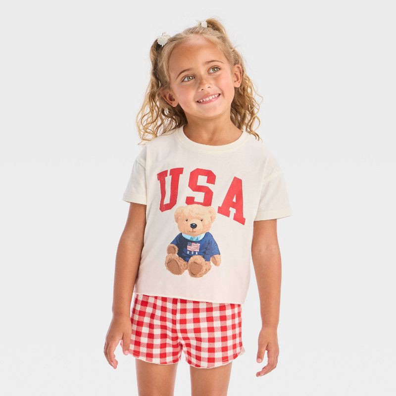 slide 3 of 4, Grayson Mini Toddler Girls' 2pc Americana USA Teddy Bear Short Sleeve T-Shirt and Gingham Shorts Set - Red 5T, 2 ct