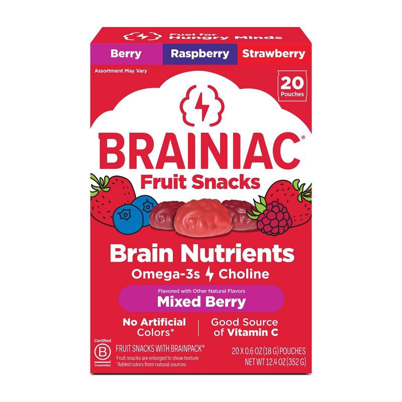 slide 1 of 11, Brainiac Kids Fruit Snacks Mixed Berry- 20 ct/ 12.4 oz, 20 ct, 12.4 oz
