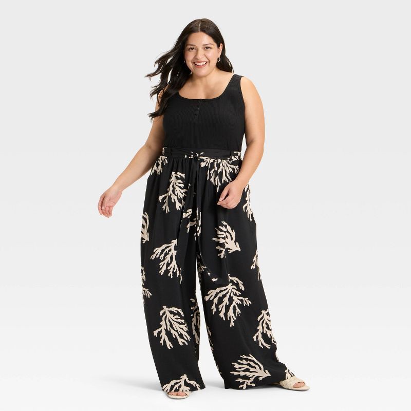 slide 3 of 3, Women's Tie-Front Flowy Wide Leg Pants - Ava & Viv™ Black Coral Print 2X, 1 ct