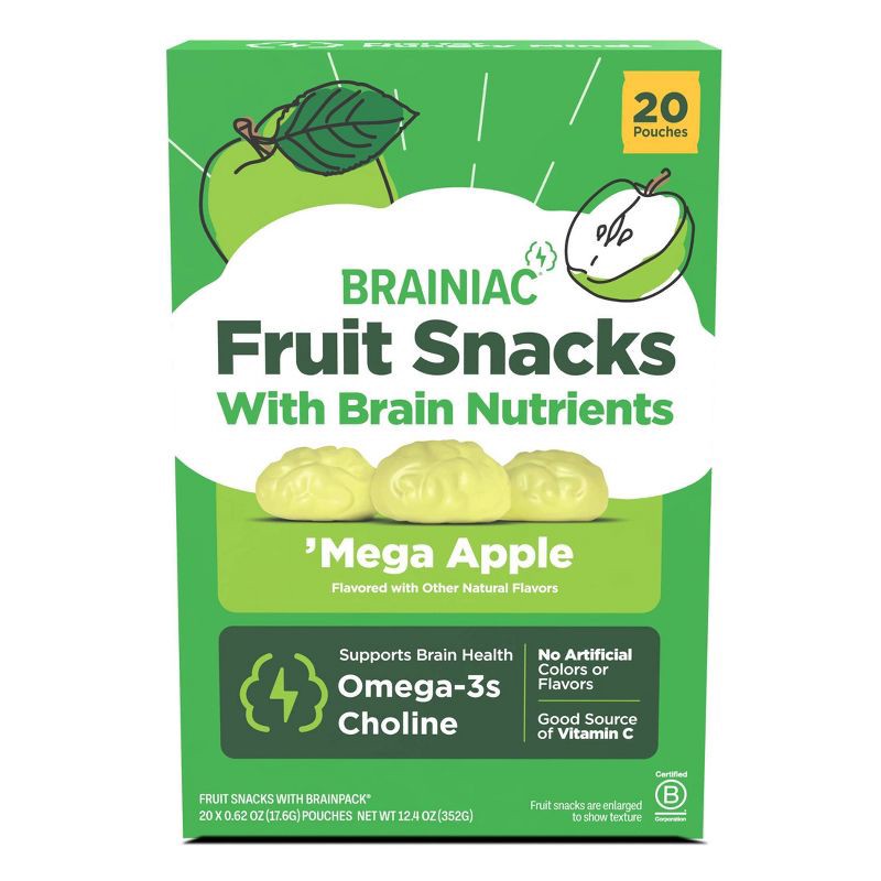 slide 1 of 8, Brainiac Kids Fruit Snacks with Omega-3s Mega Apple - 12.4oz/20ct, 12.4 oz, 20 ct