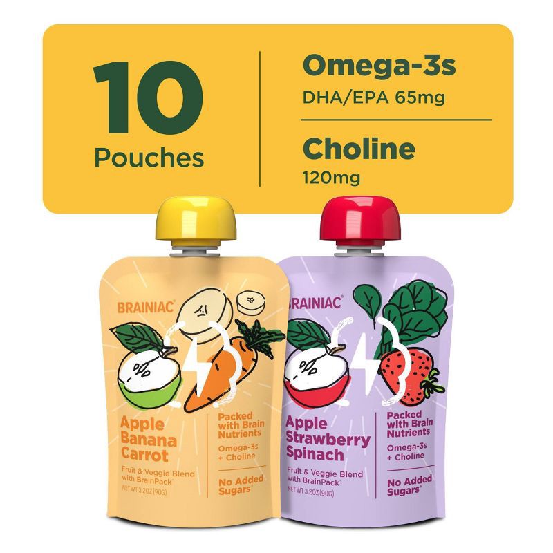 slide 2 of 11, Brainiac Kids Brain Squeezers Applesauce Pouches Fruit and Veggie Variety Pack Apple Banana Carrot & Apple Strawberry Spinach - 3.2oz/10ct, 3.2 oz, 10 ct