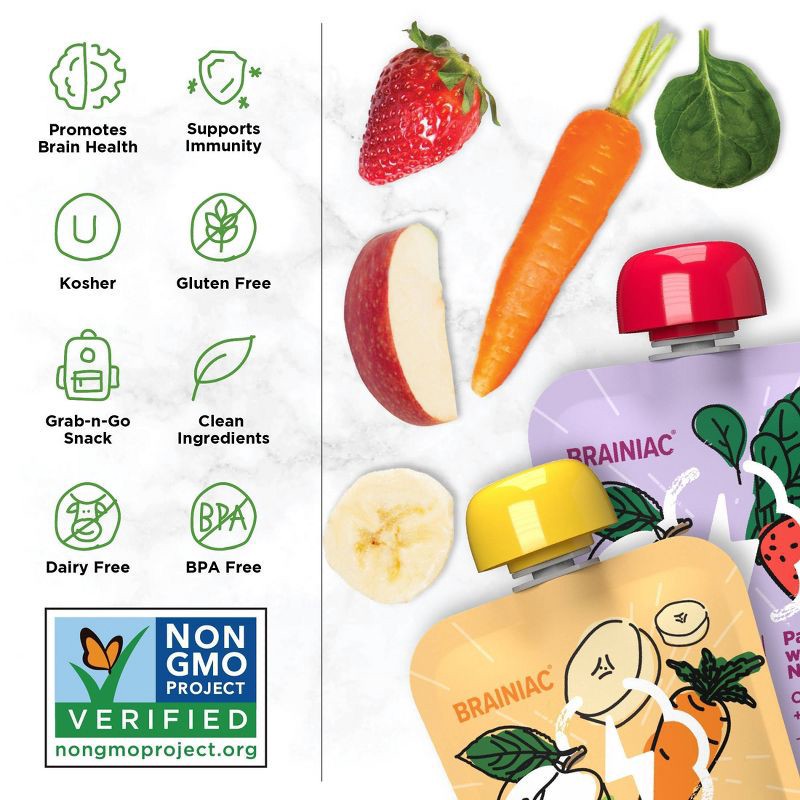 slide 4 of 11, Brainiac Kids Brain Squeezers Applesauce Pouches Fruit and Veggie Variety Pack Apple Banana Carrot & Apple Strawberry Spinach - 3.2oz/10ct, 3.2 oz, 10 ct