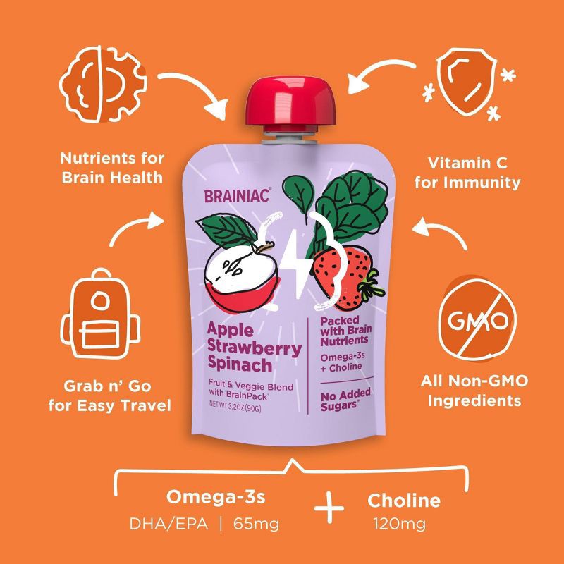slide 6 of 11, Brainiac Kids Brain Squeezers Applesauce Pouches Fruit and Veggie Variety Pack Apple Banana Carrot & Apple Strawberry Spinach - 3.2oz/10ct, 3.2 oz, 10 ct