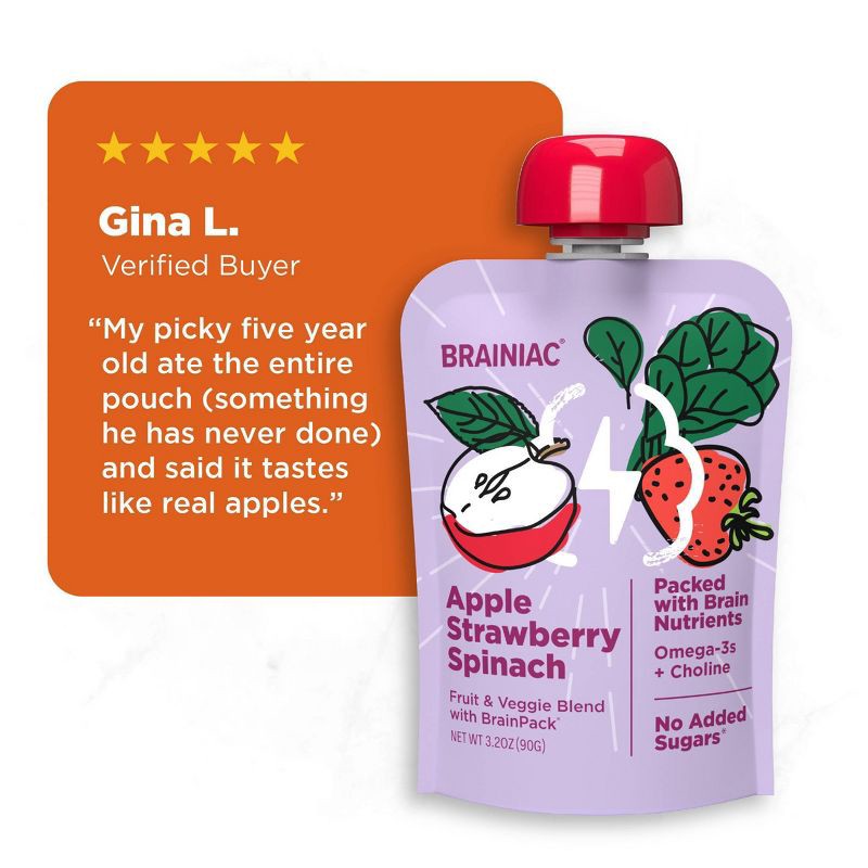 slide 10 of 11, Brainiac Kids Brain Squeezers Applesauce Pouches Fruit and Veggie Variety Pack Apple Banana Carrot & Apple Strawberry Spinach - 3.2oz/10ct, 3.2 oz, 10 ct