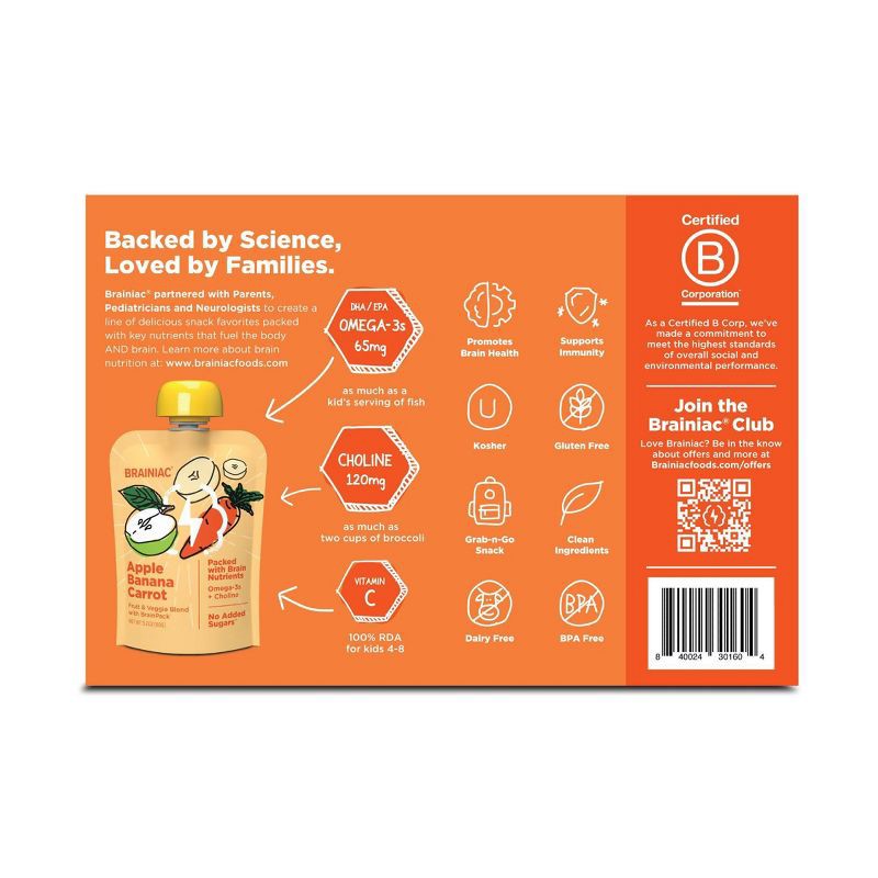 slide 11 of 11, Brainiac Kids Brain Squeezers Applesauce Pouches Fruit and Veggie Variety Pack Apple Banana Carrot & Apple Strawberry Spinach - 3.2oz/10ct, 3.2 oz, 10 ct