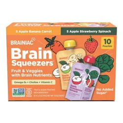 Brainiac Kids Brain Squeezers Applesauce Pouches Fruit and Veggie Variety Pack Apple Banana Carrot & Apple Strawberry Spinach - 3.2oz/10ct