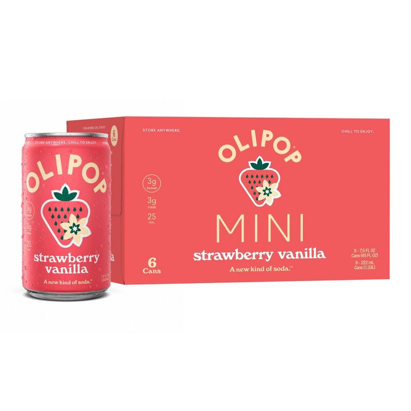 slide 1 of 7, OLIPOP MINIs 3g Fiber Prebiotic Soda, Strawberry Vanilla - 6pk/7.5 fl oz Cans, 3 gram, 6 ct, 7.5 fl oz
