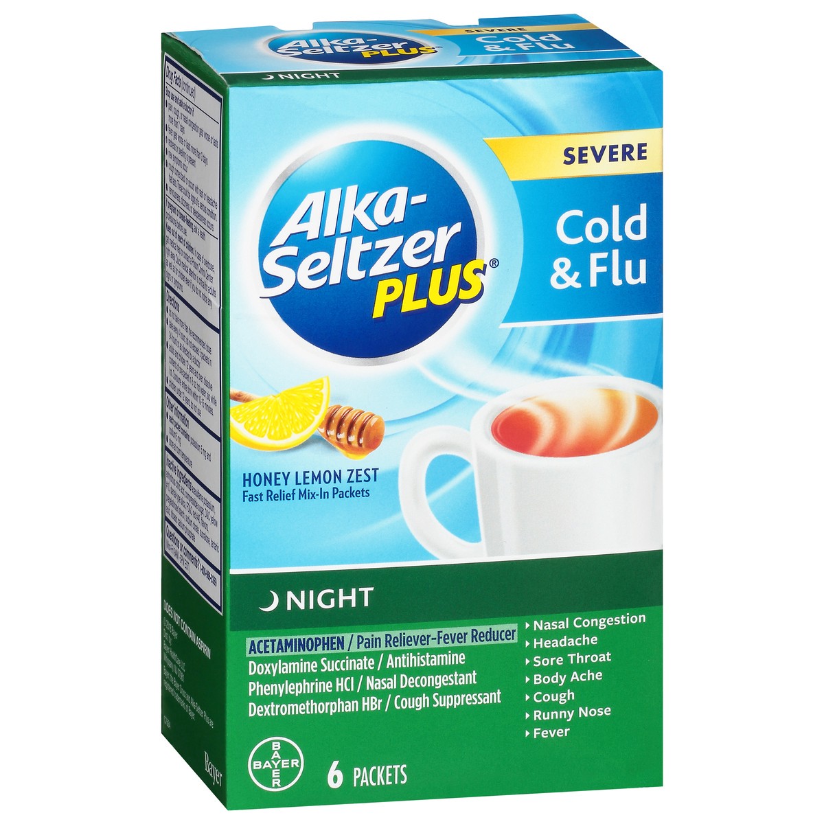 slide 2 of 9, Alka-Seltzer Packets Night Severe Honey Lemon Zest Cold & Flu 6 ea, 6 ct