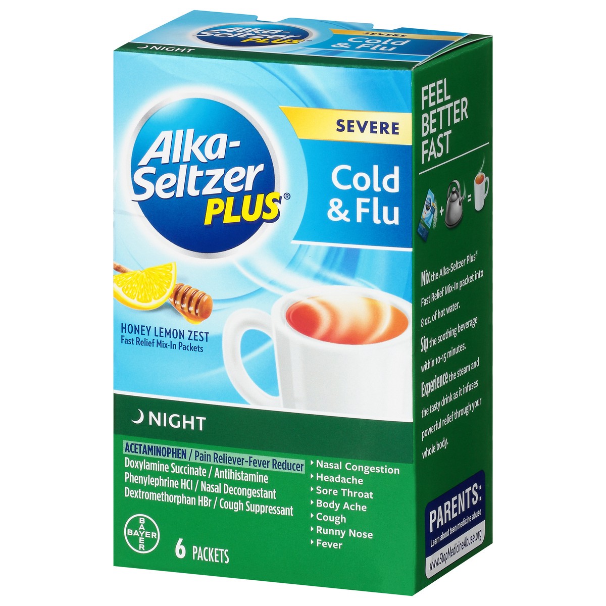 slide 3 of 9, Alka-Seltzer Packets Night Severe Honey Lemon Zest Cold & Flu 6 ea, 6 ct