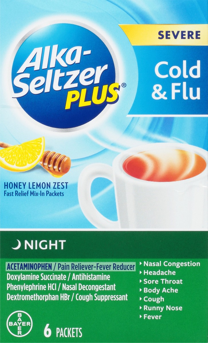 slide 6 of 9, Alka-Seltzer Packets Night Severe Honey Lemon Zest Cold & Flu 6 ea, 6 ct