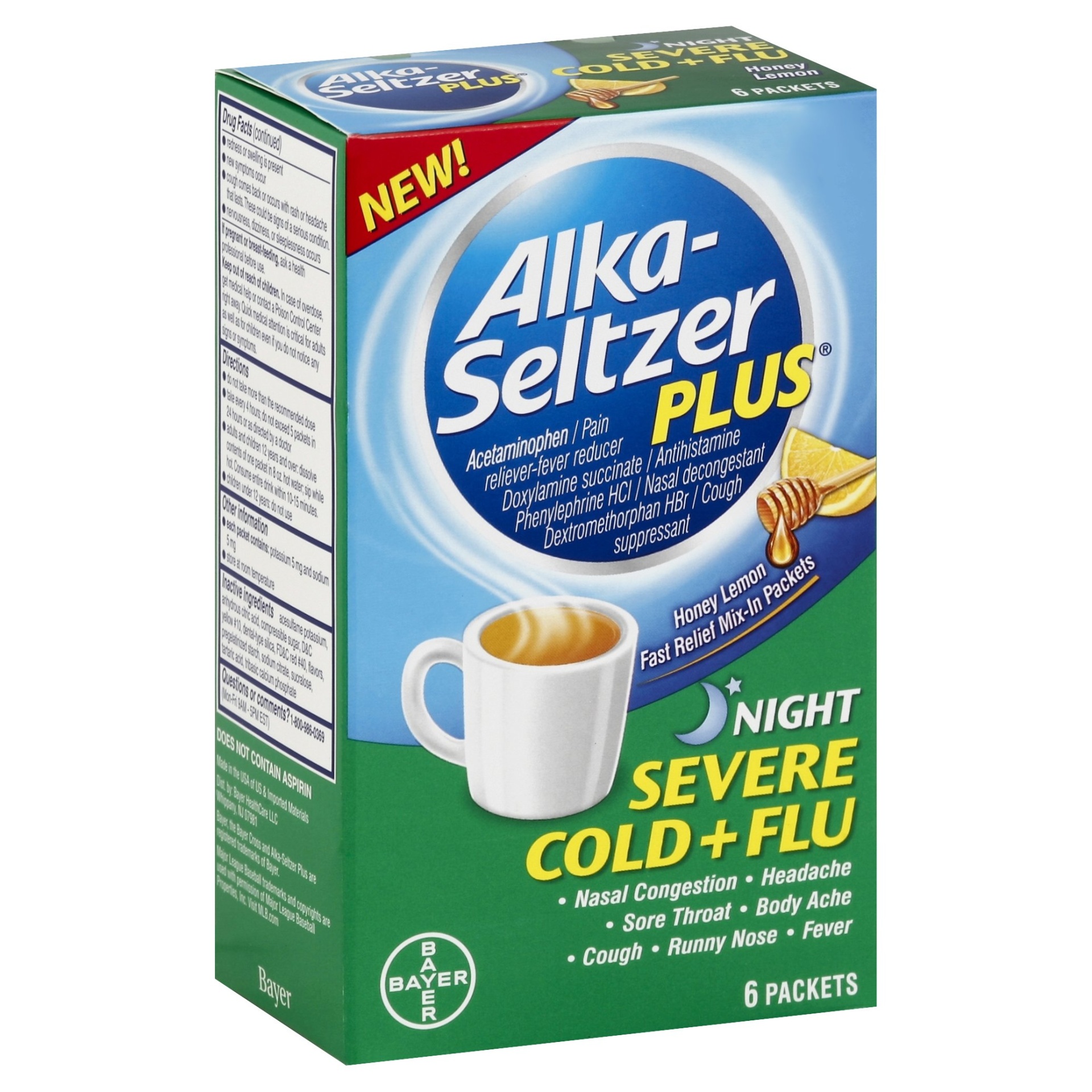 slide 1 of 1, Alka-Seltzer Plus Severe Cold + Cough Night Honey Lemon Mix-in Packets, 6 ct