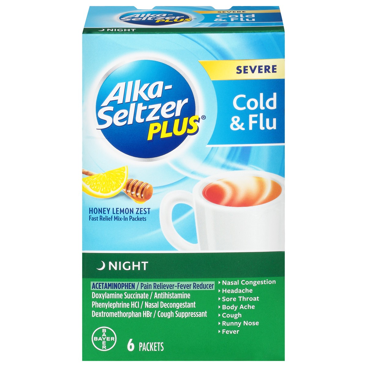 slide 1 of 9, Alka-Seltzer Packets Night Severe Honey Lemon Zest Cold & Flu 6 ea, 6 ct