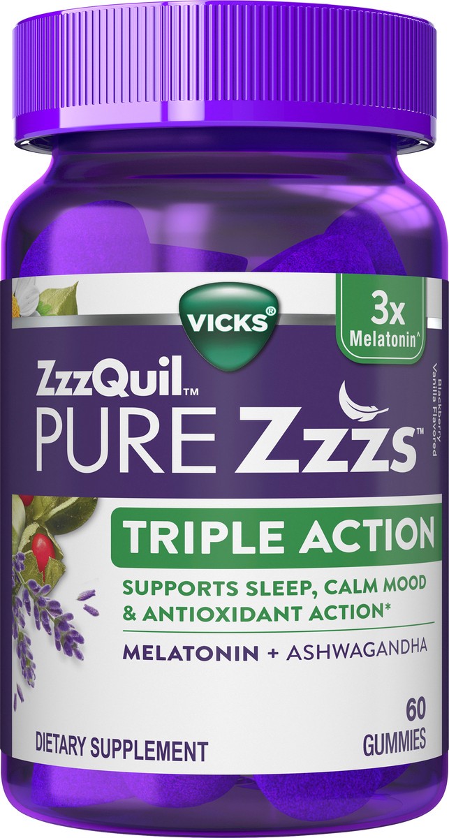 slide 3 of 3, PURE Zzzs Triple Action Gummy Melatonin Sleep-Aid with Ashwagandha, 60 ct