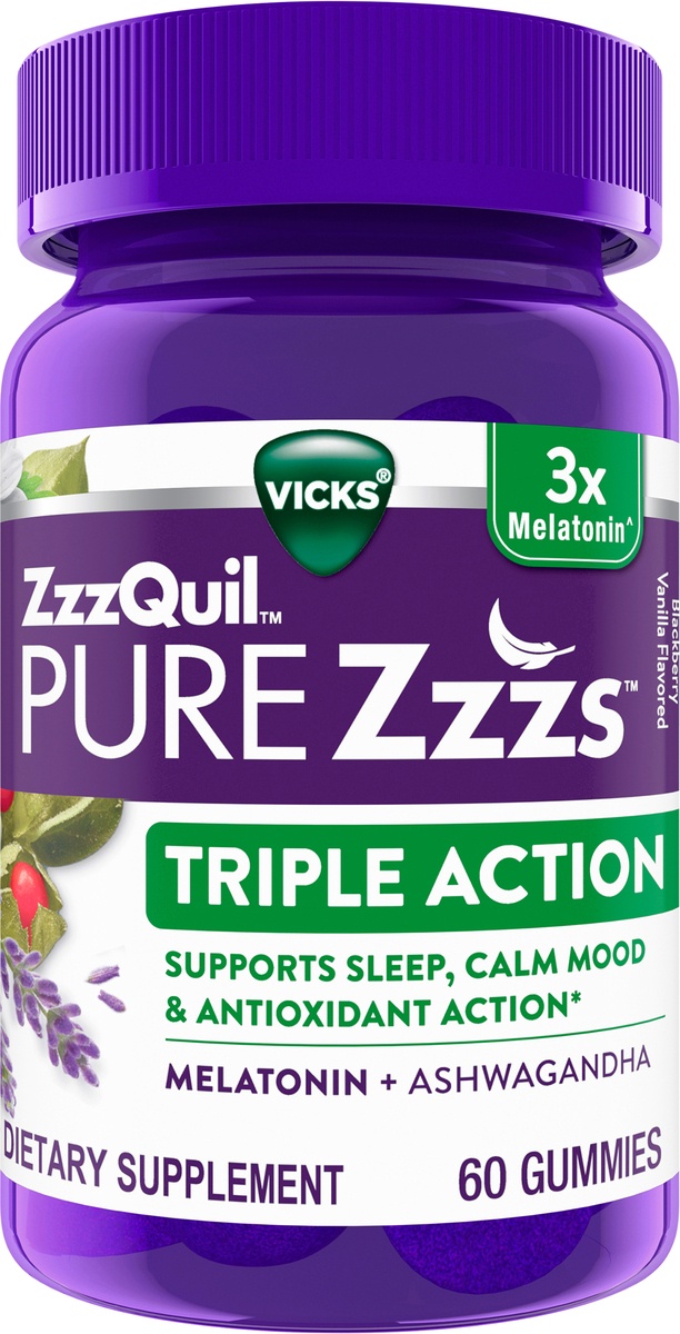 slide 3 of 4, ZzzQuil PURE Zzzs Triple Action Gummy Melatonin Sleep-Aid with Ashwagandha, 6mg per Serving by ZzzQuil, 60 Gummies, 1 ct
