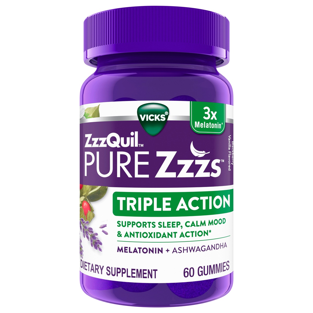 slide 4 of 4, ZzzQuil PURE Zzzs Triple Action Gummy Melatonin Sleep-Aid with Ashwagandha, 6mg per Serving by ZzzQuil, 60 Gummies, 1 ct