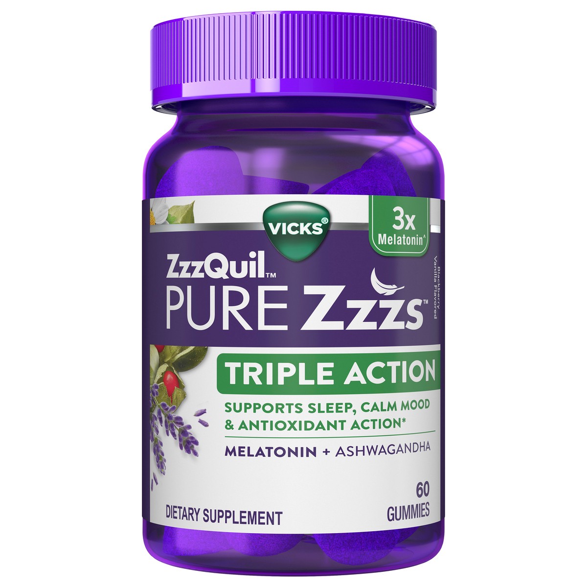 slide 1 of 3, PURE Zzzs Triple Action Gummy Melatonin Sleep-Aid with Ashwagandha, 60 ct