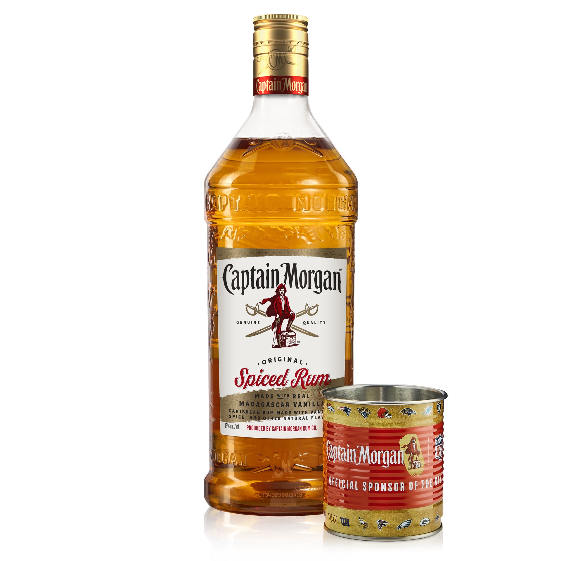 slide 4 of 4, Captain Morgan Original Spiced Rum with an NFL Tin Cup, 1.75 L Bottle, 1.75 liter