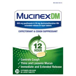 Mucinex DM 12 Hour Relief Tablets, 20ct, Controls Cough and Thins & Loosens Mucus That Causes Cough & Chest Congestion