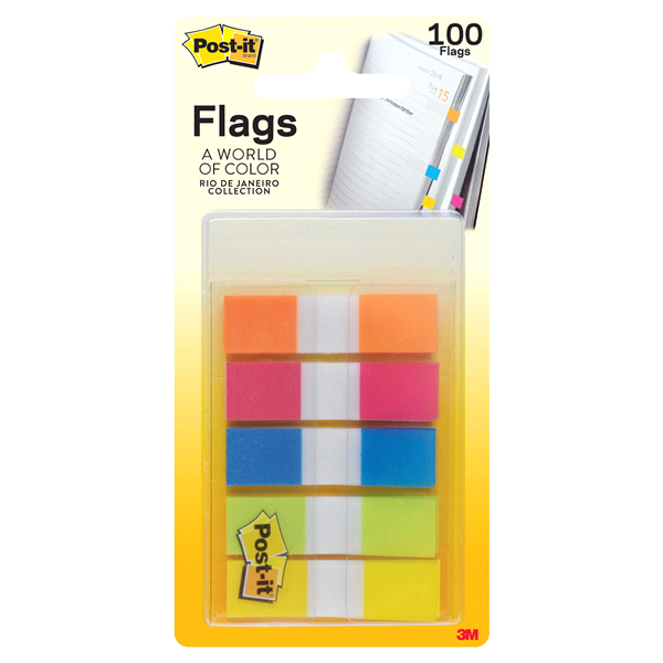 slide 1 of 1, Post-it Flags, Rio de Janeiro Collection, 1/2 in. Wide, 100/On-the-Go Dispenser, 1 ct