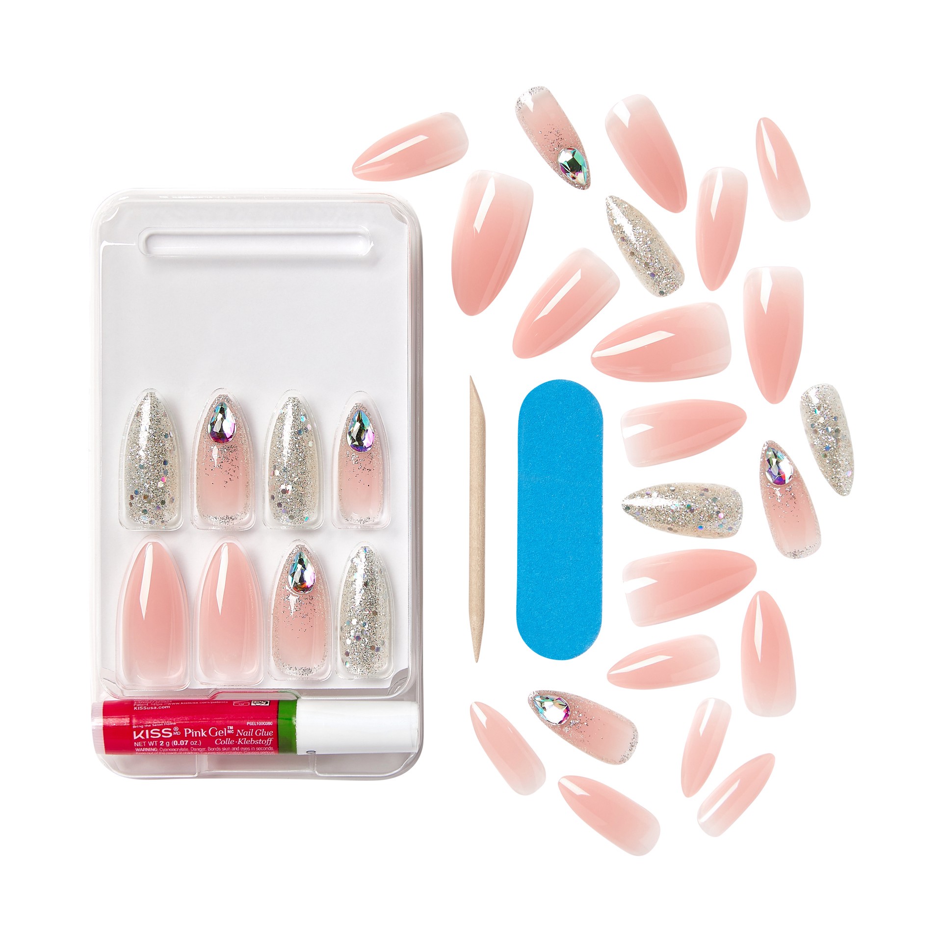 slide 4 of 5, KISS Gel Fantasy Allure Ready-To-Wear Long Almond Fake Nails, Pink & Silver, 28 Pieces, 1 ct